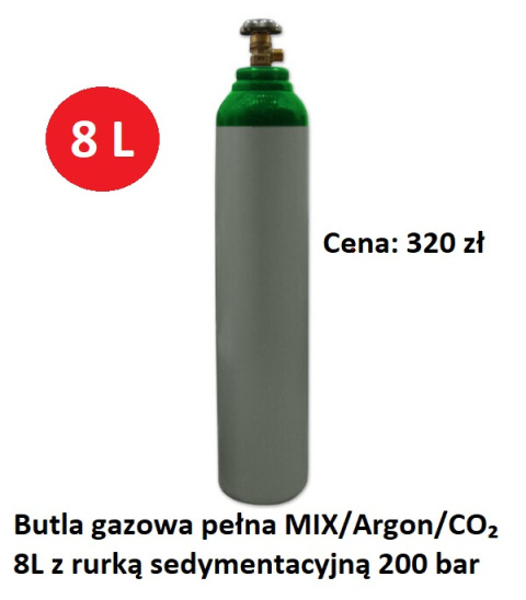 Butla gazowa pełna MIX/Argon/CO₂ 8l z rurką sedymentacyjną 200 bar Butla gazowa pełna MIX/Argon/CO₂ 8l z rurką sedymentacyjną 200 bar
